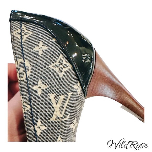 Louis Vuitton Blue Mini Lin Canvas And Patent Leather D'orsay Open Toe Pumps 37 - Picture 6 of 17